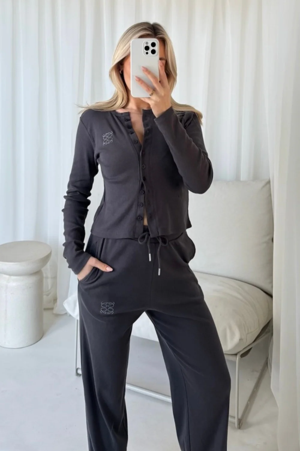 GeGe steel grey embroidered ribbed button through top & wide leg trousers