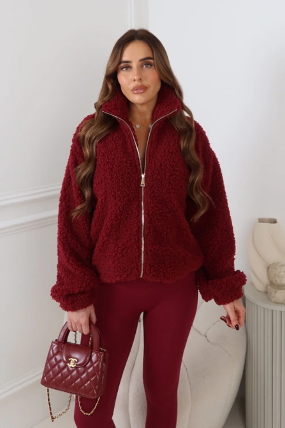 GENEVIEVE BURGUNDY GOLD ZIP WOOLY FLEECE