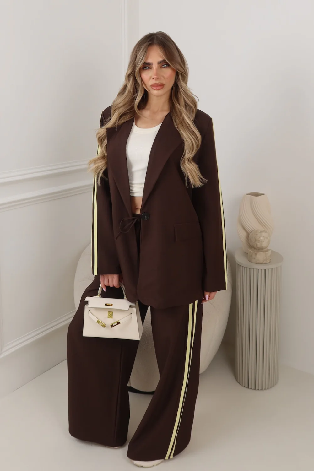 GEORGIA CHOCOLATE PIPED SLEEVE BLAZER AND STRAIGHT LEG PANTS CO ORD TWO PIECE SET
