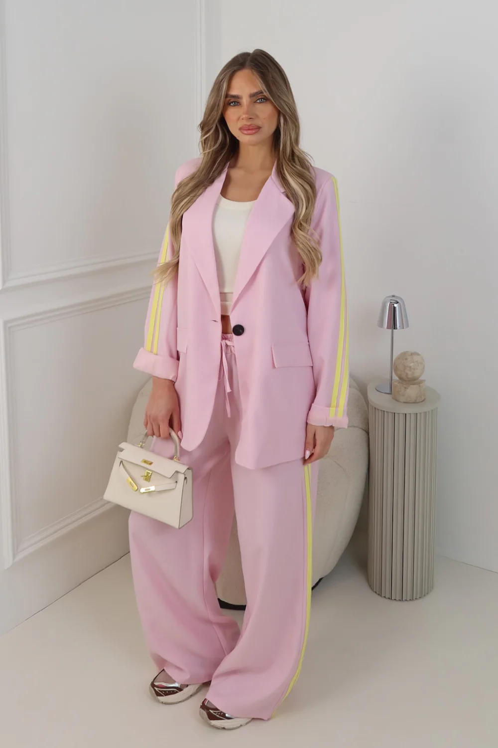 GEORGIA PINK PIPED SLEEVE BLAZER AND STRAIGHT LEG PANTS CO ORD TWO PIECE SET