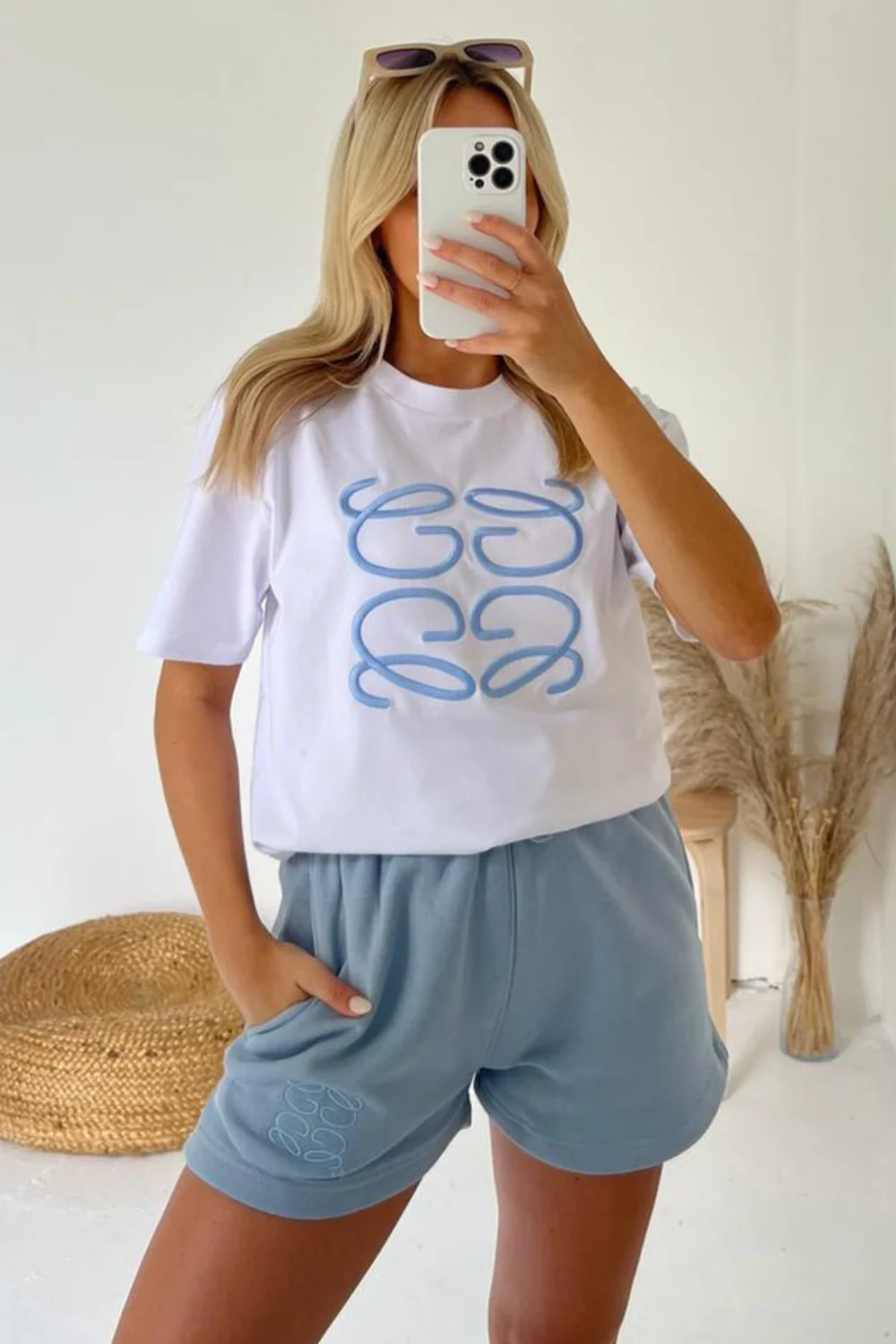 GG blue embroidered premium short t-shirt coord