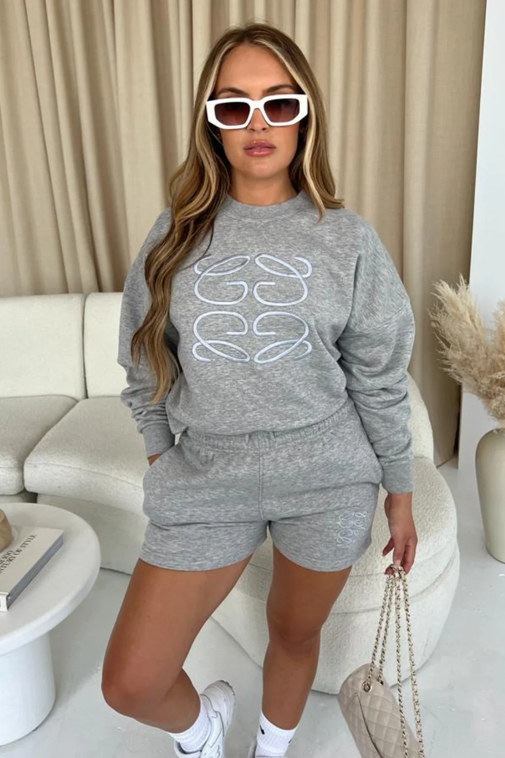 GG Logo Melagne Grey Premium sweater short Loungewear set - Image 2