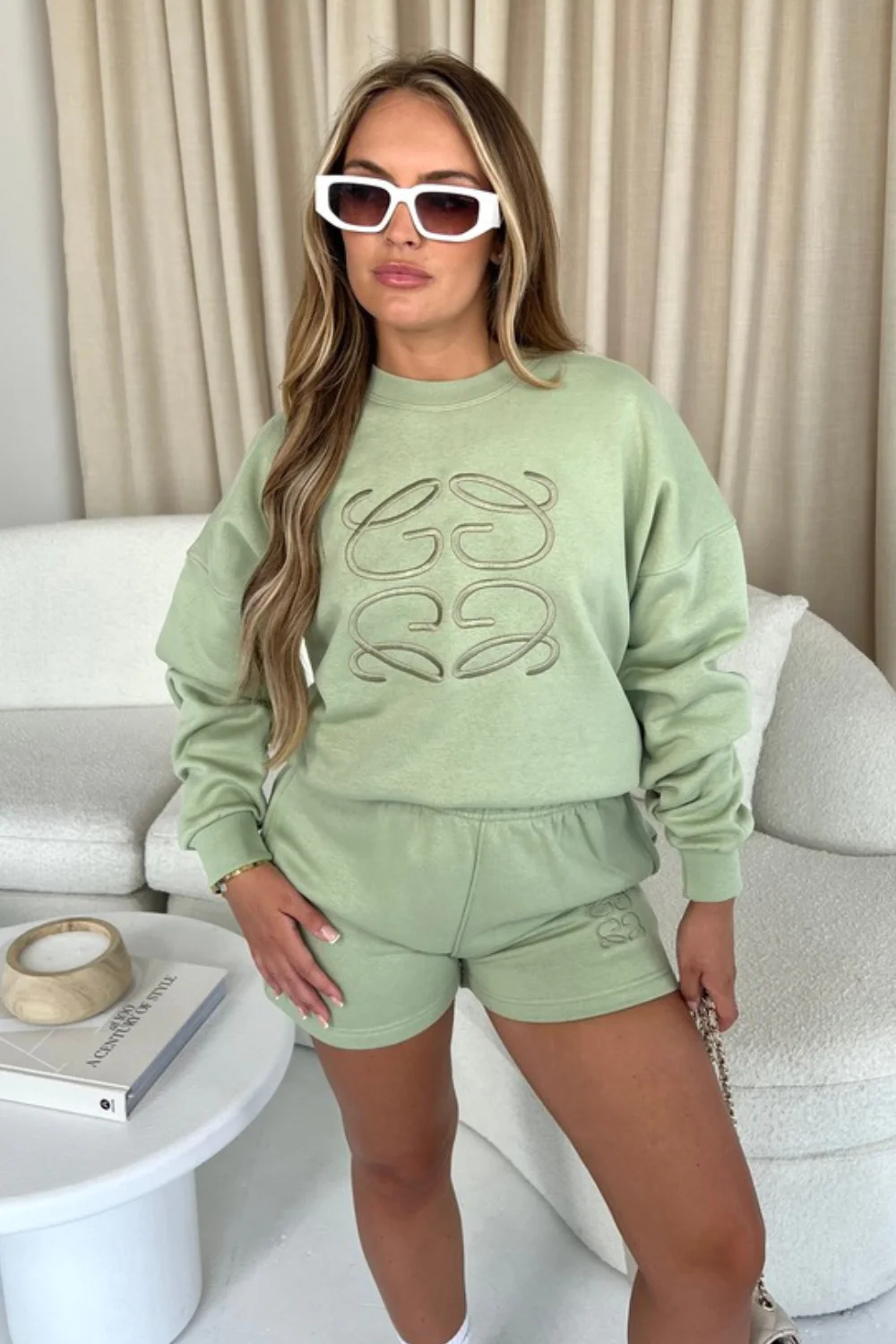 GG Logo Sage Green Premium Sweater Short Loungewear set - Image 3