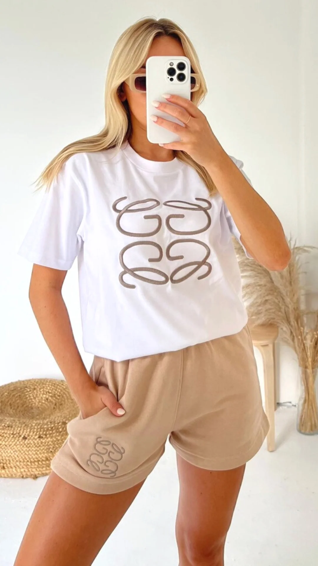 GG stone embroidered premium short t-shirt coord - Image 2