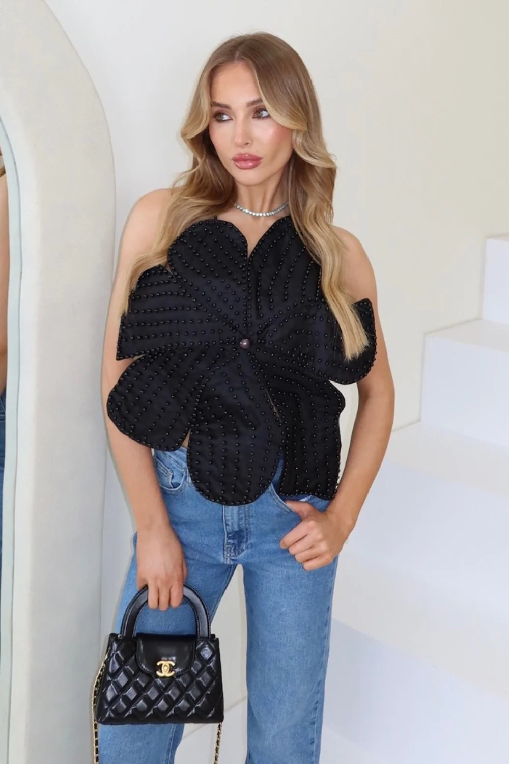Gigi black flower pearl embellished top