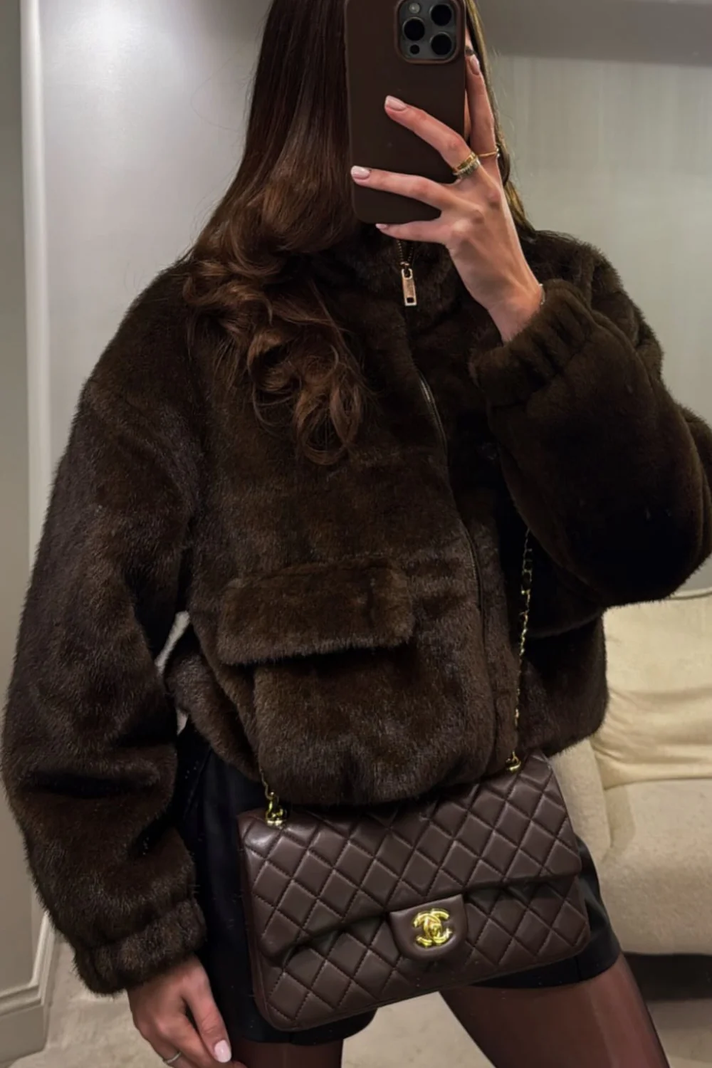 GINNI CHOCOLATE FAUX FUR HIGH NECK JACKET