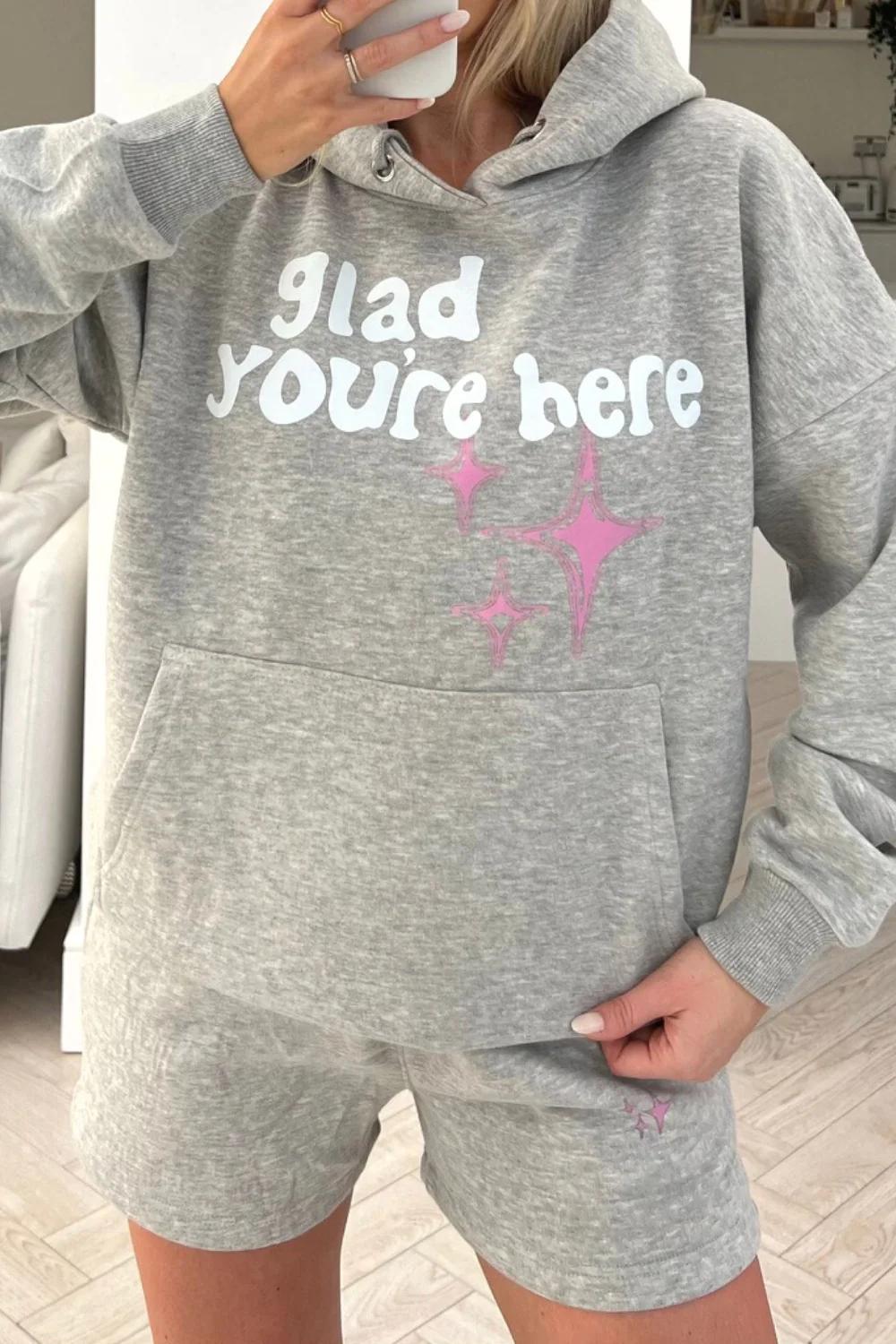 Glad your'e here grey printed hoodie short loungewear set - Image 3