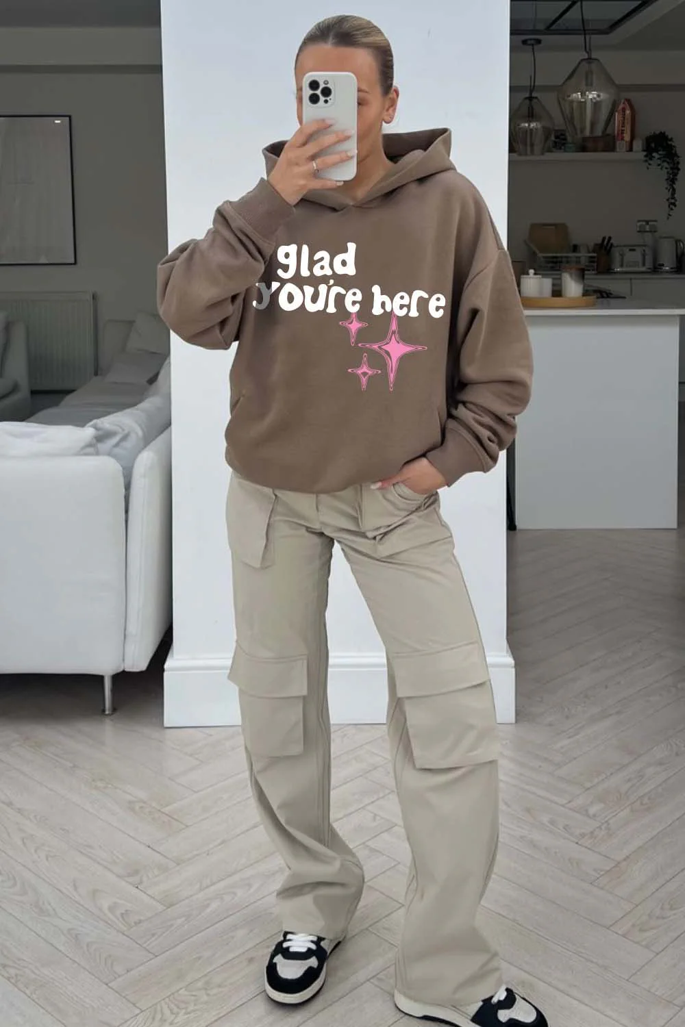 Glad You're Here premium beige printed hoodie - Image 2