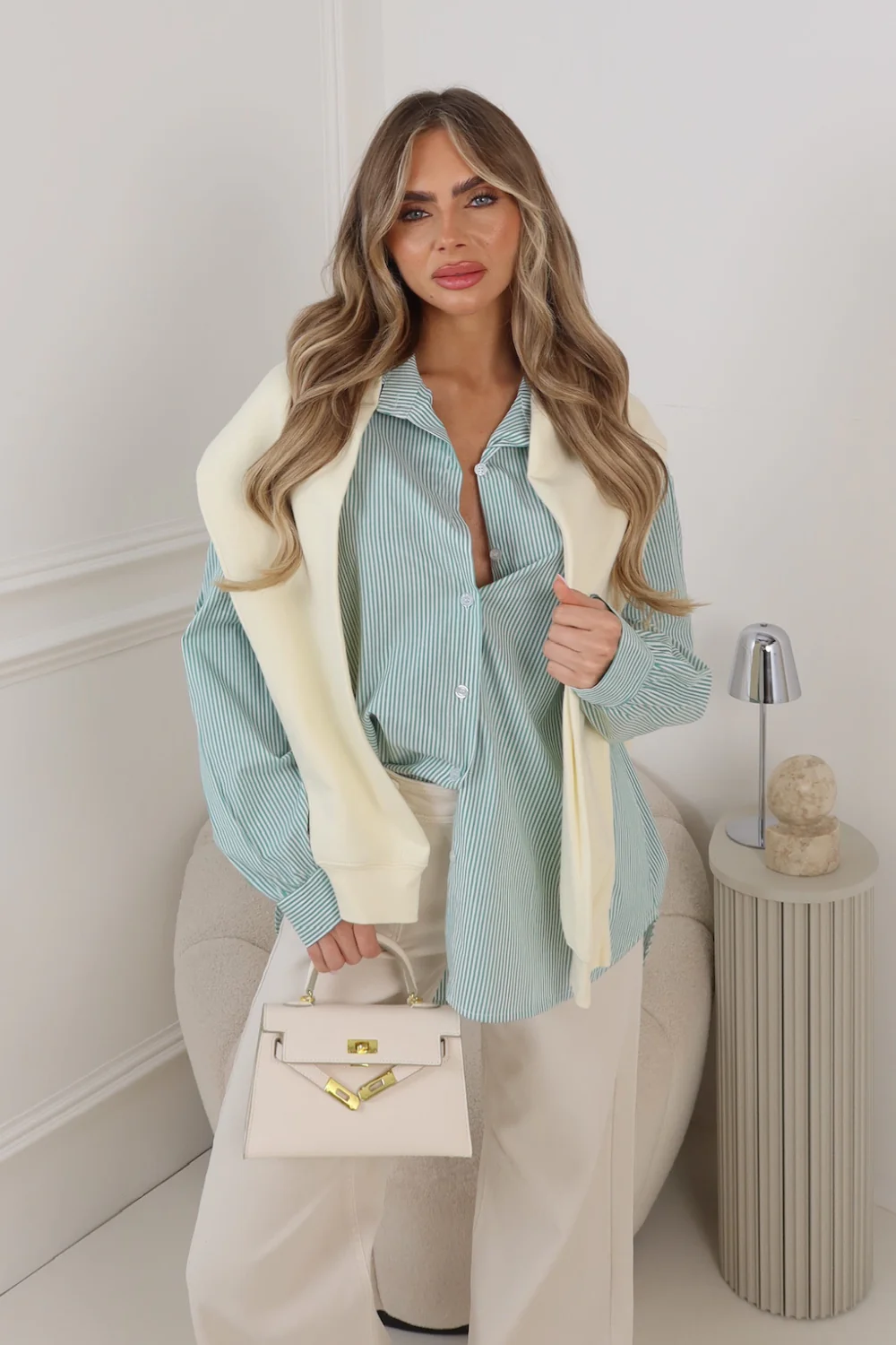 GLAMIFY GREEN STRIPED BASIC LONG SLEEVE SHIRT