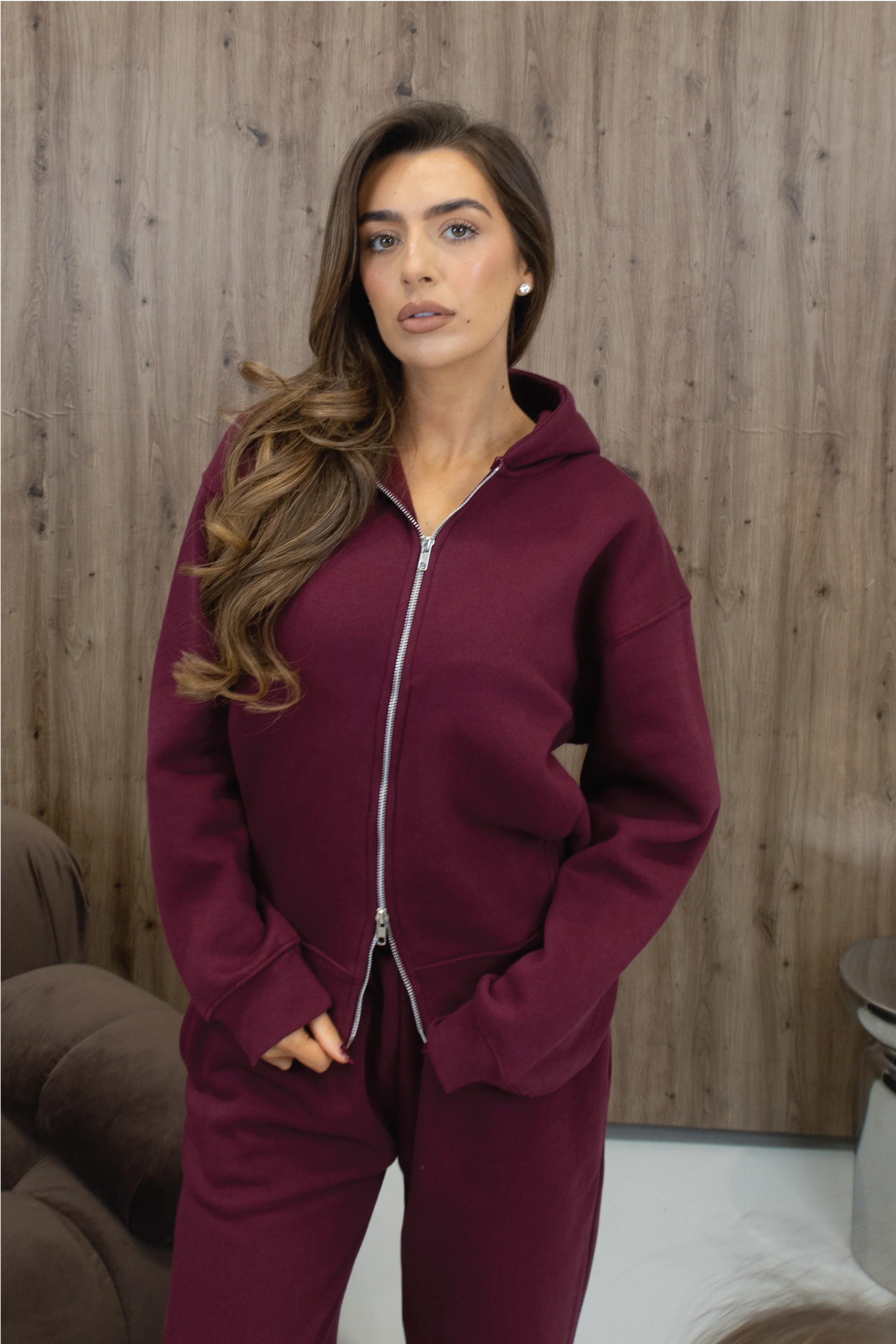 GLAMIFY EVERYDAY ESSENTIAL BURGUNDY FULL ZIP HOODIE - Image 2
