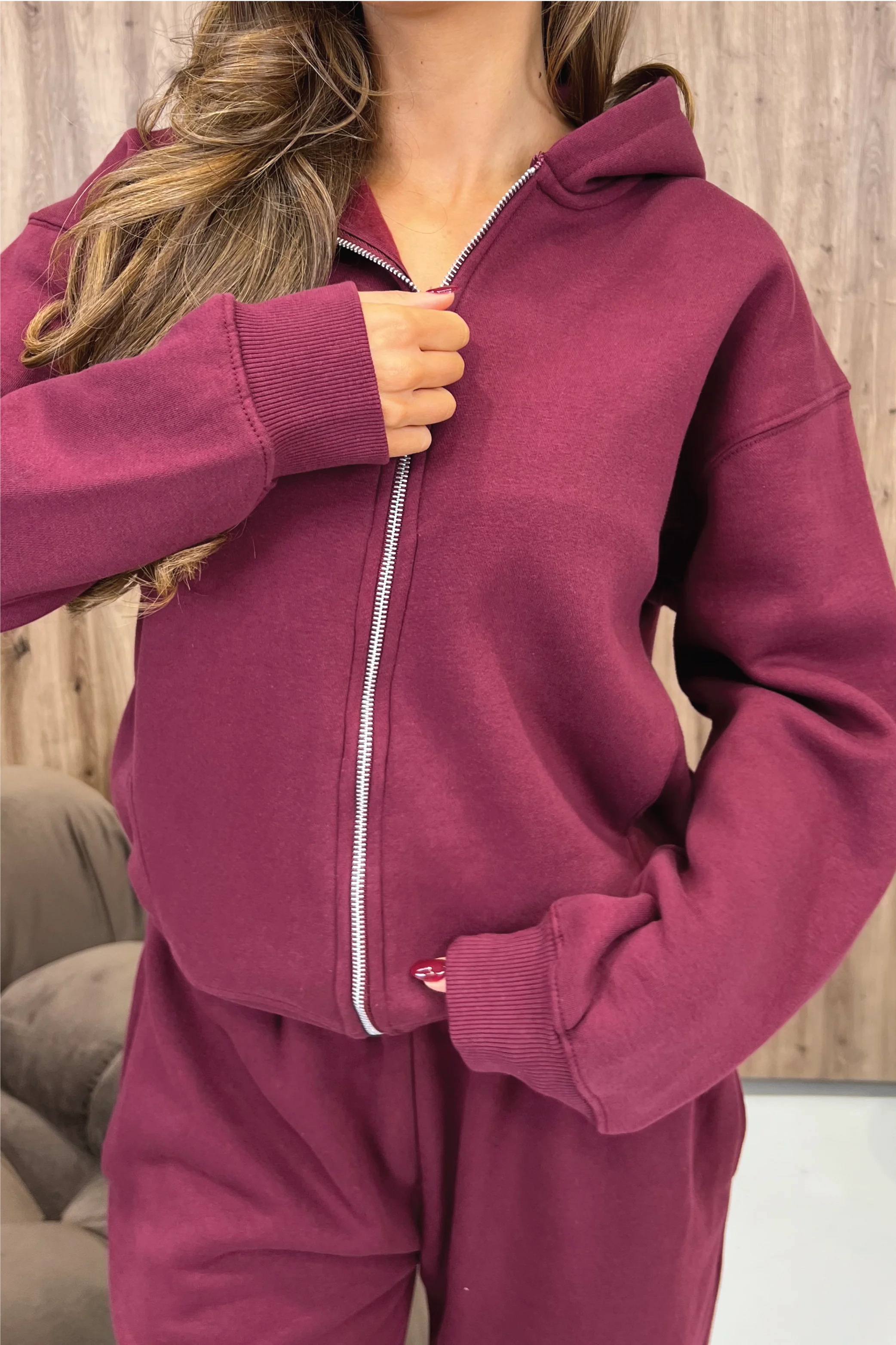 GLAMIFY EVERYDAY ESSENTIAL BURGUNDY FULL ZIP HOODIE - Image 4