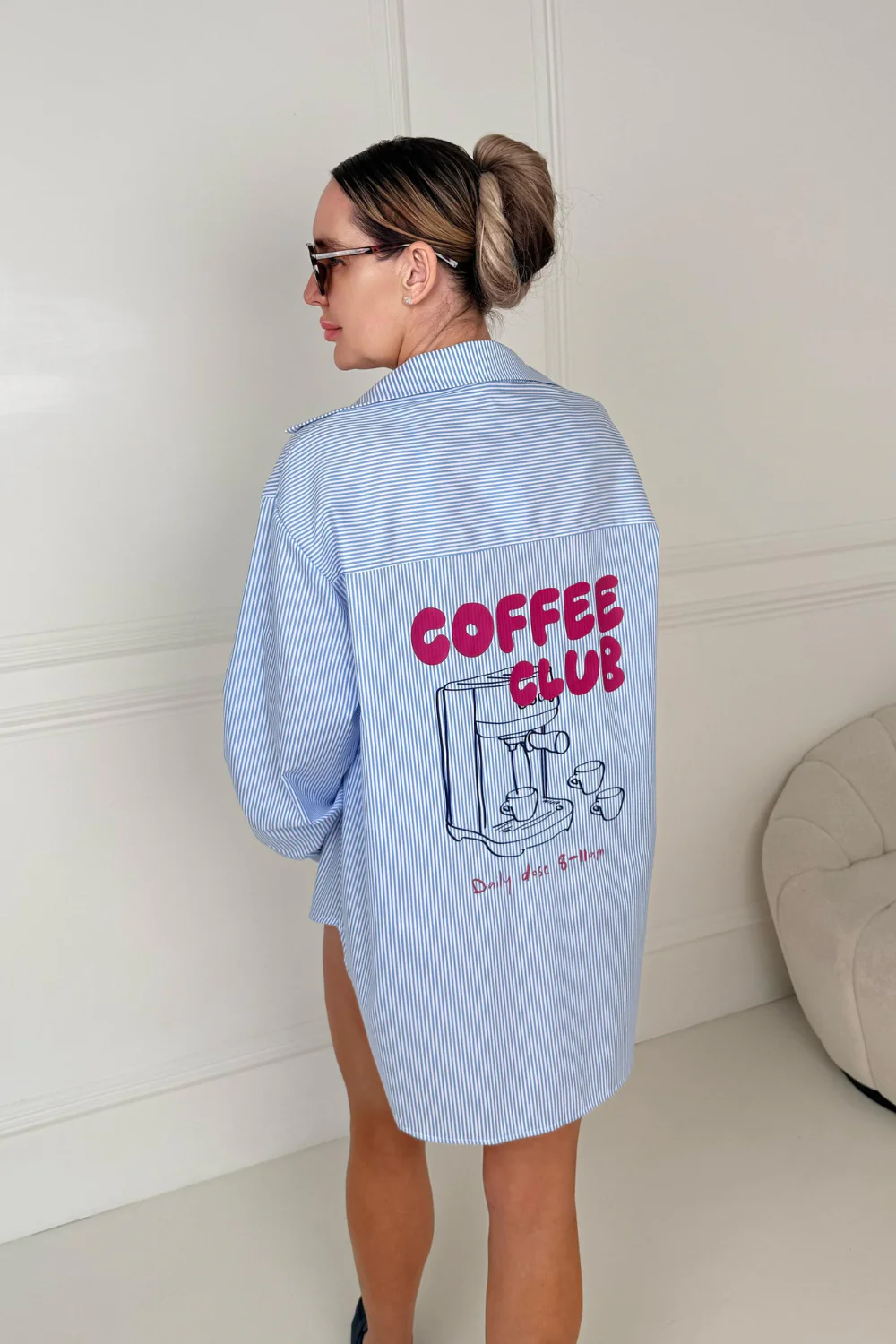 GLAMIFY PRINTED COFFEE CLUB BLUE STRIPED BASIC LONG SLEEVE SHIRT