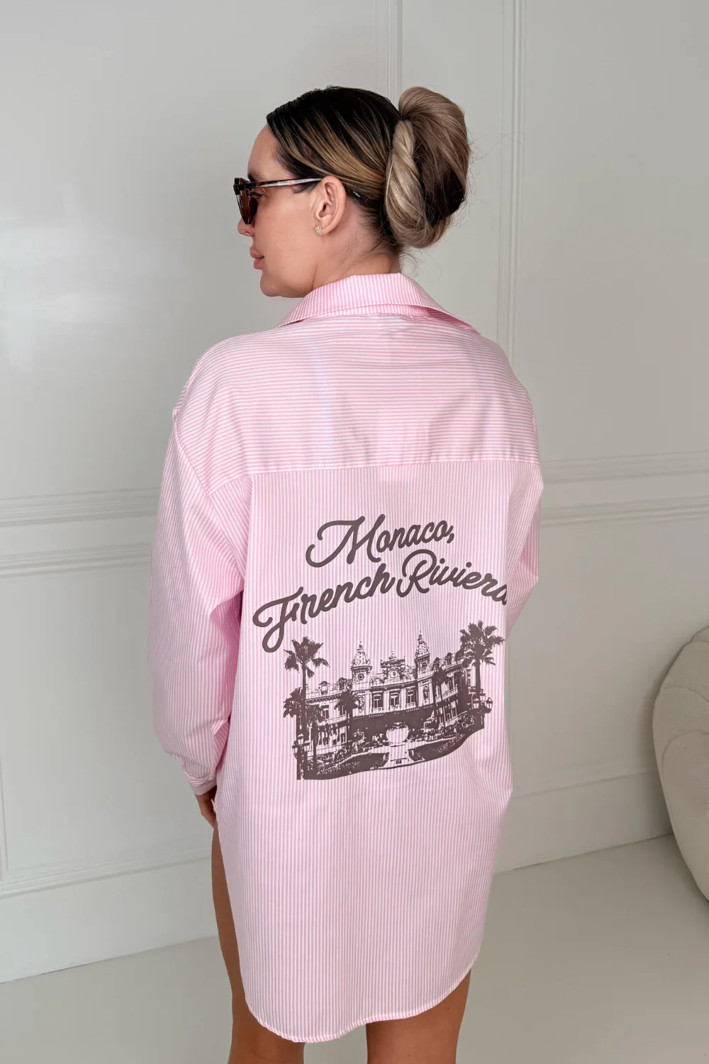 GLAMIFY PRINTED MONCO FRENCH RIVERA PINK STRIPED BASIC LONG SLEEVE SHIRT