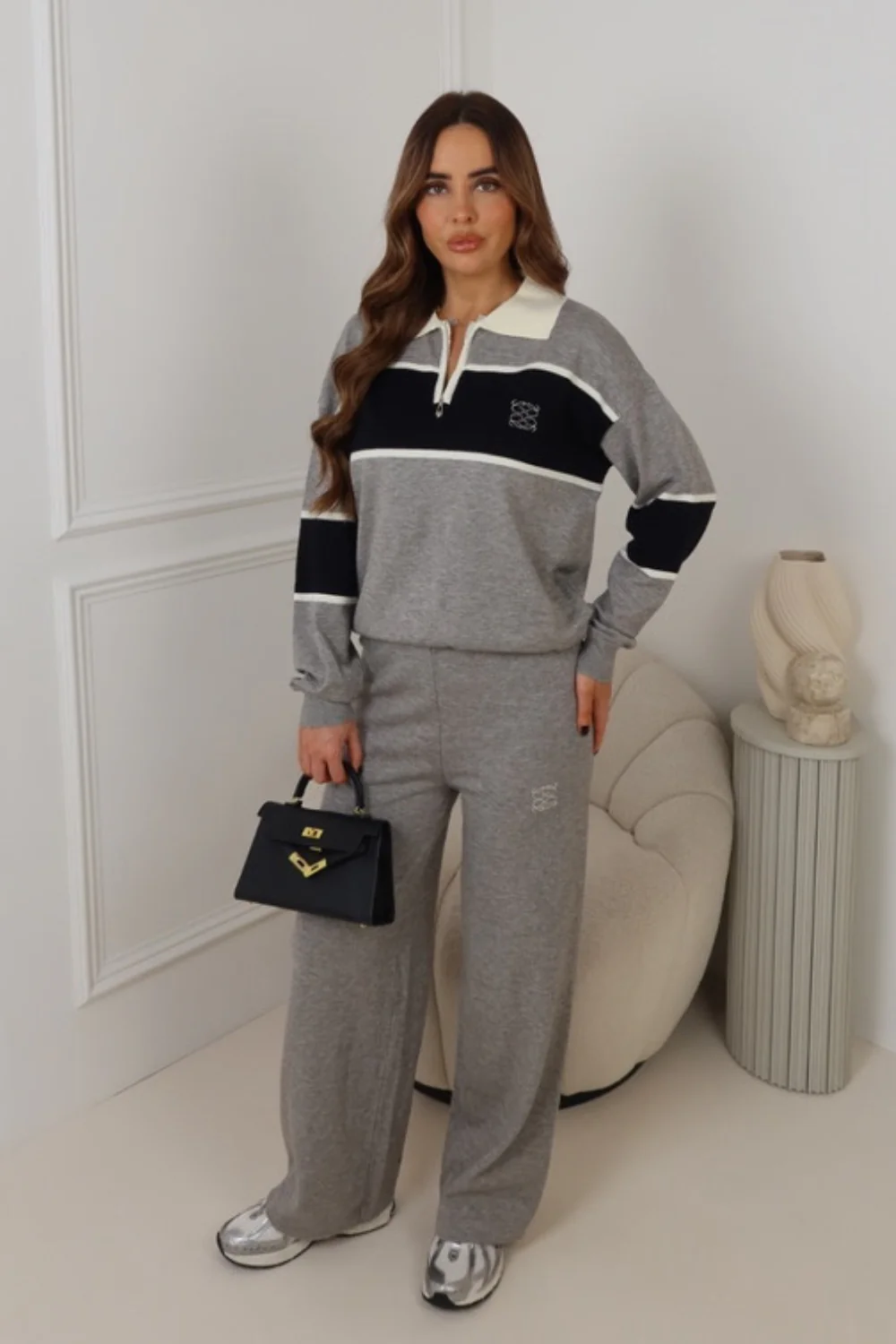 GLAMIFY TEAGAN GREY HALF ZIP STRIPE CO ORD TWO PIECE SET - Image 2