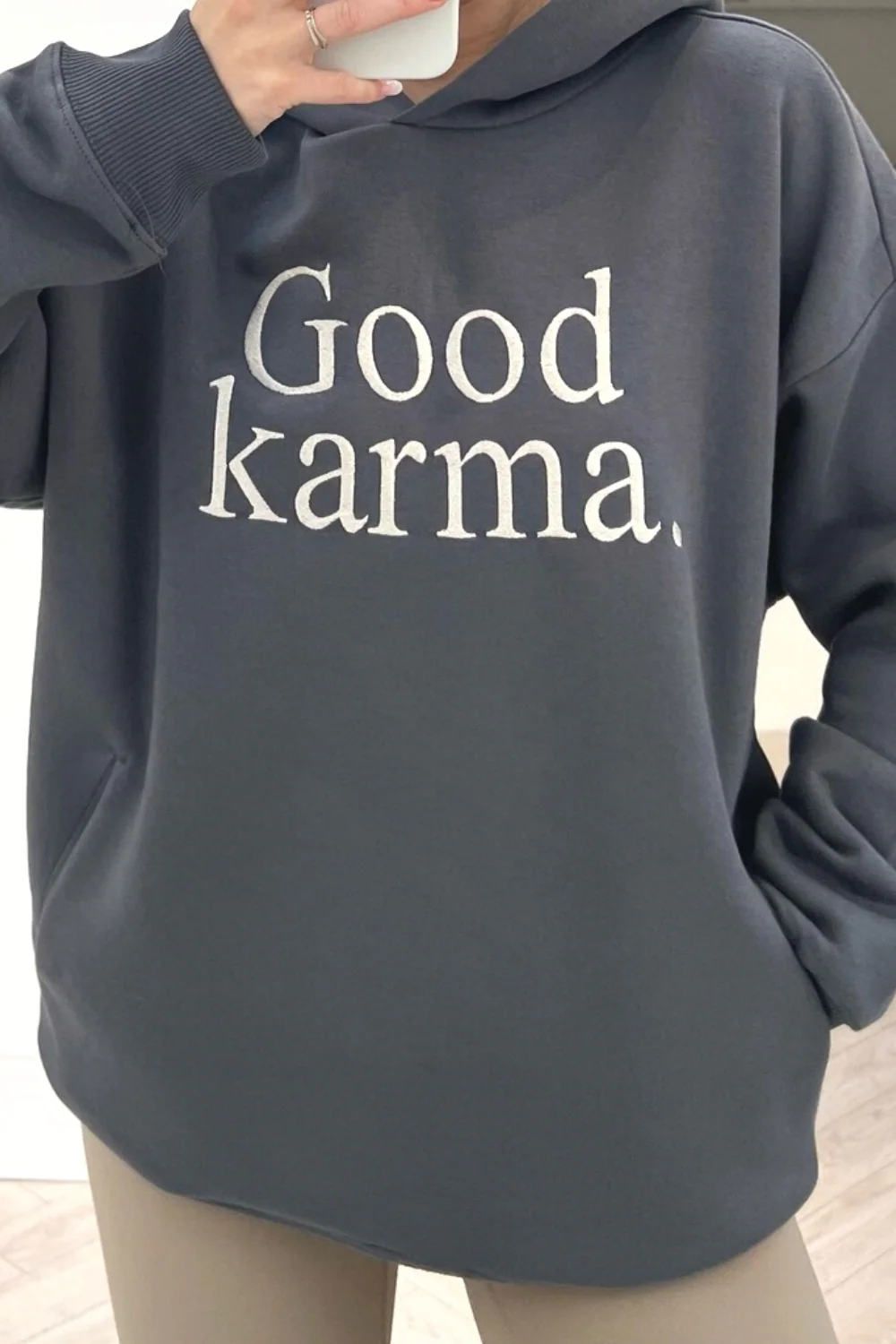 Good Karma steel Grey premium ecru embroidered hoodie - Image 3
