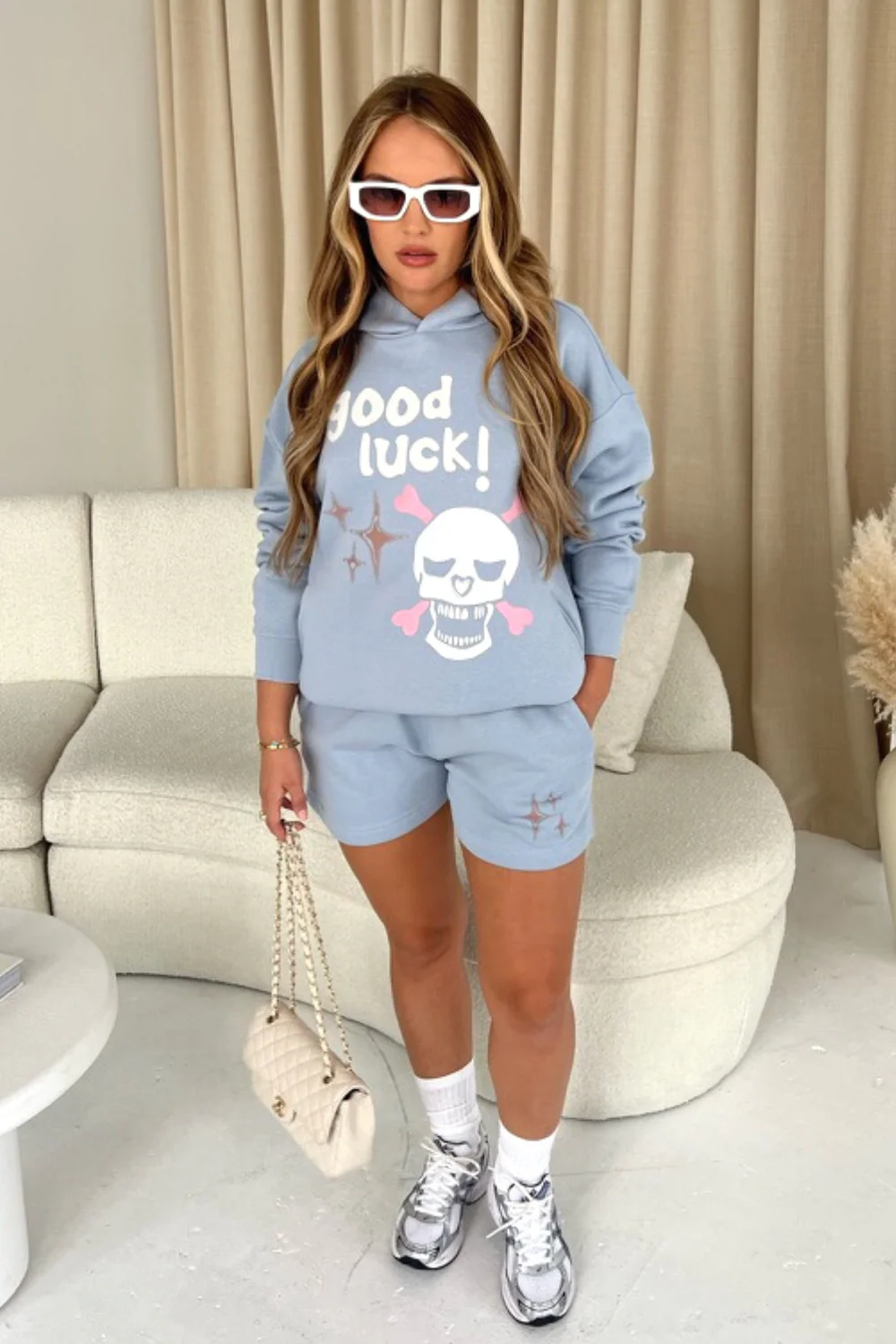 Good Luck Baby Blue Premium Hoodie Short Loungewear Set - Image 2