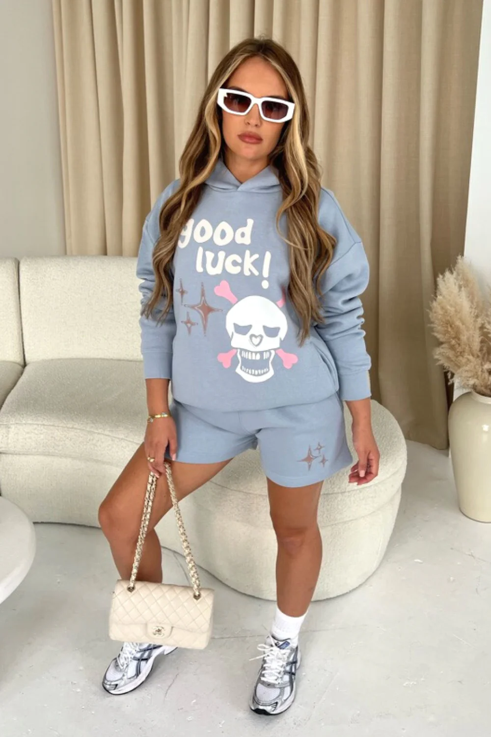 Good Luck Baby Blue Premium Hoodie Short Loungewear Set - Image 3