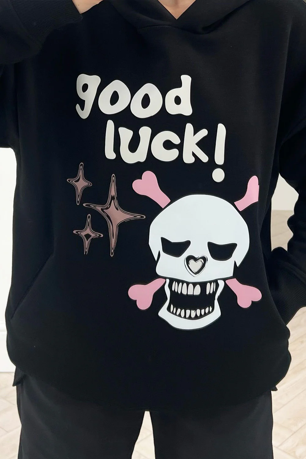 Good Luck Black premium black printed hoodie - Image 2