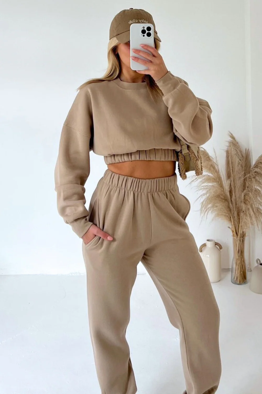 Gracie beige cropped sweater jogger loungewear set - Image 2