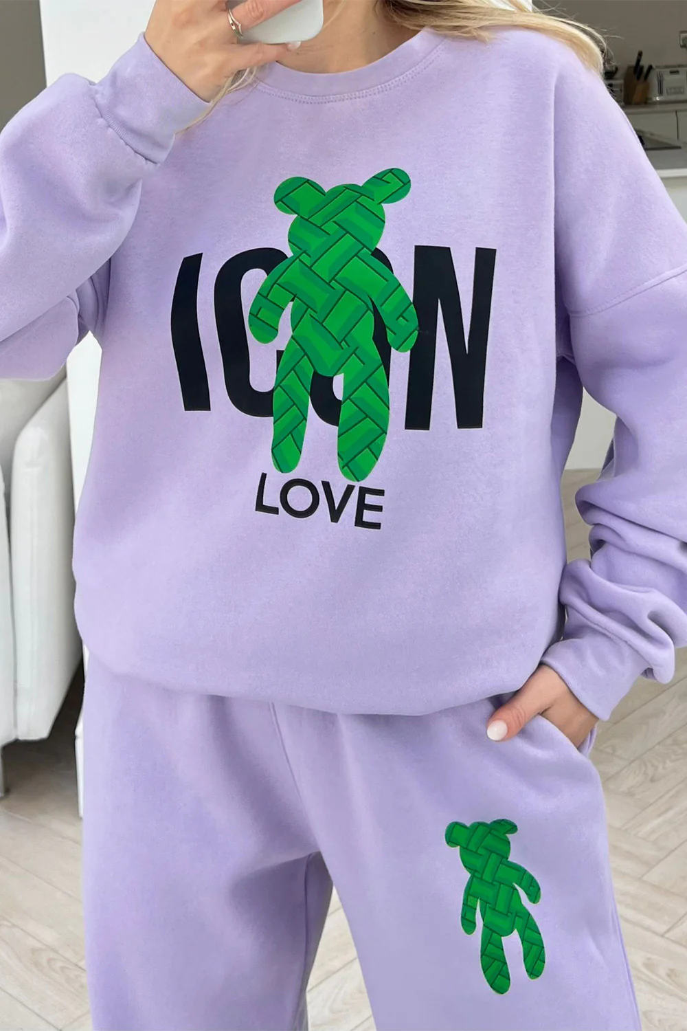 Green teddy lilac printed sweater loungewear set - Image 2