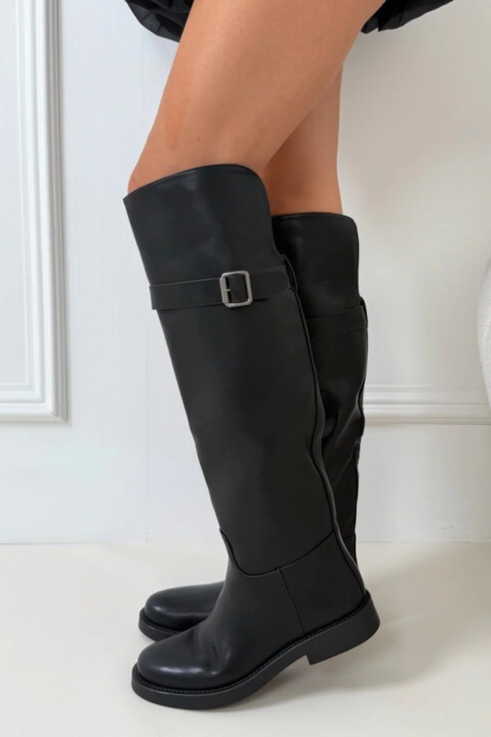 Hailey black knee high buckle flat boots