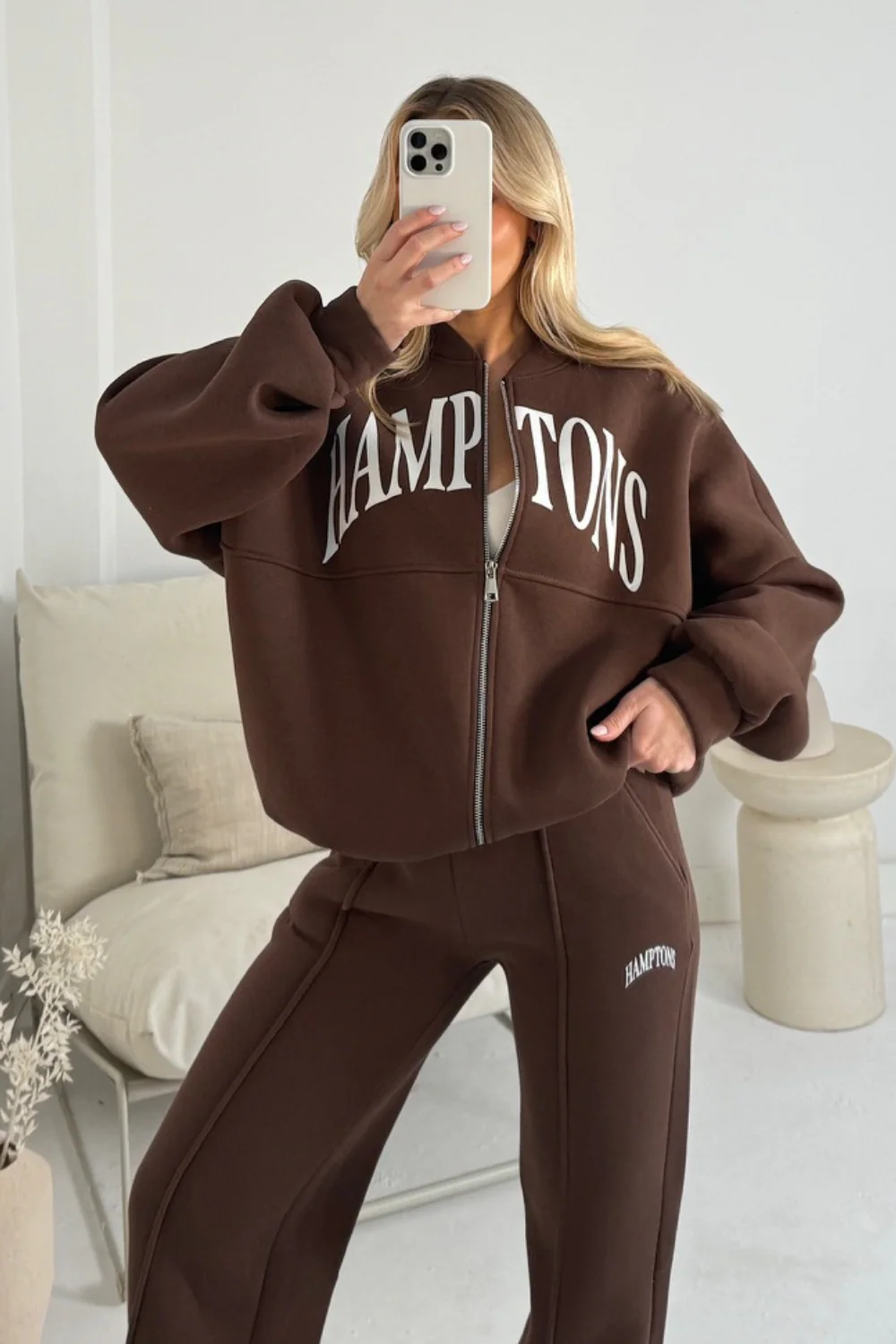 Hamptons chocolate printed bomber jacket and straight leg jogger - Image 2