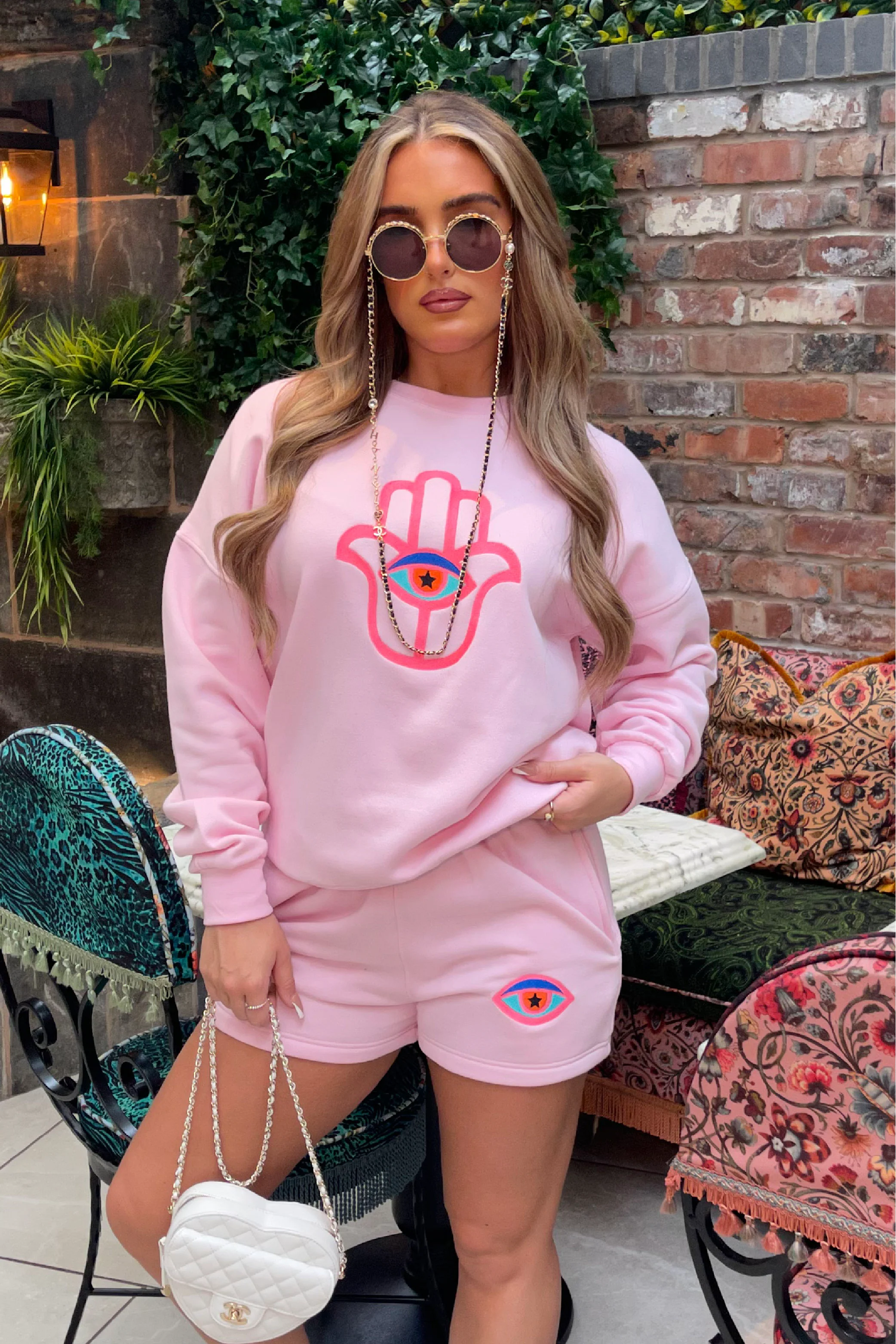 Hamsa Hand Pink sweater short loungewear set - Image 2