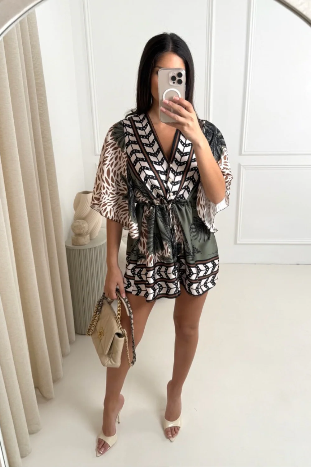 Harlee khaki & beige floral tie waist playsuit - Image 2