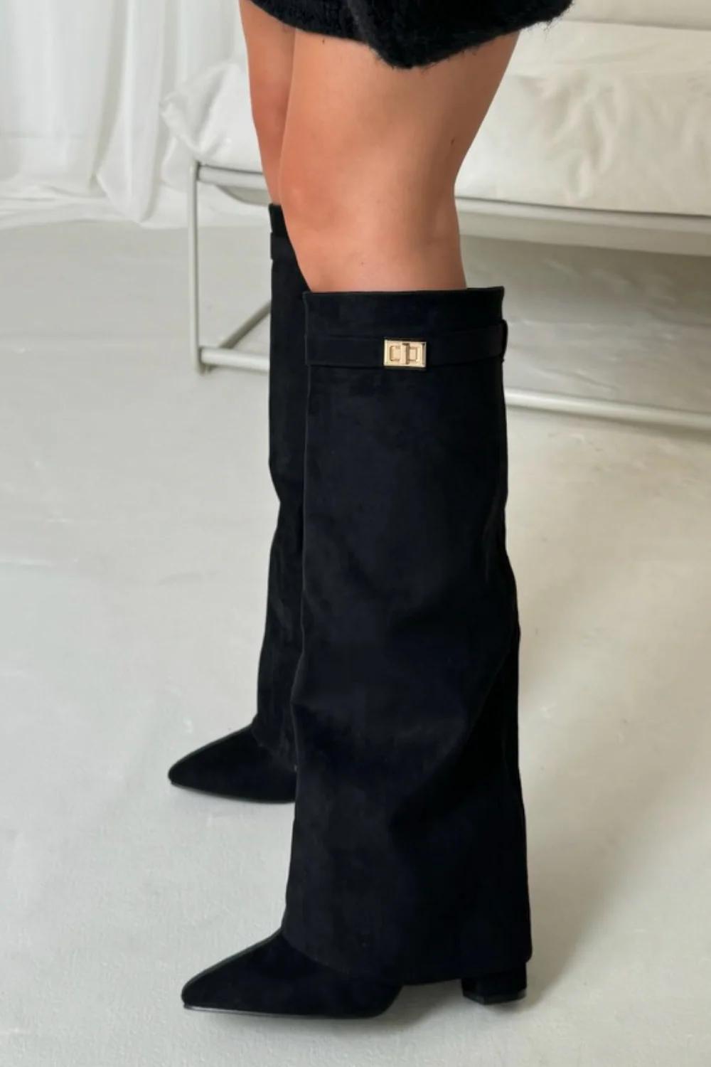 Harley black suede knee high fold over heel boots - Image 2