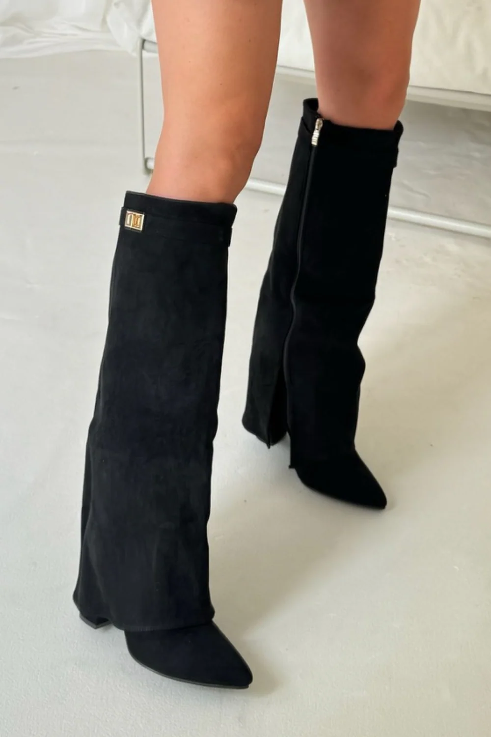 Harley black suede knee high fold over heel boots - Image 3