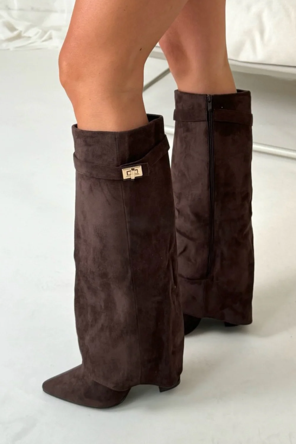 Harley chocolate faux suede knee high fold over heel boots - Image 2