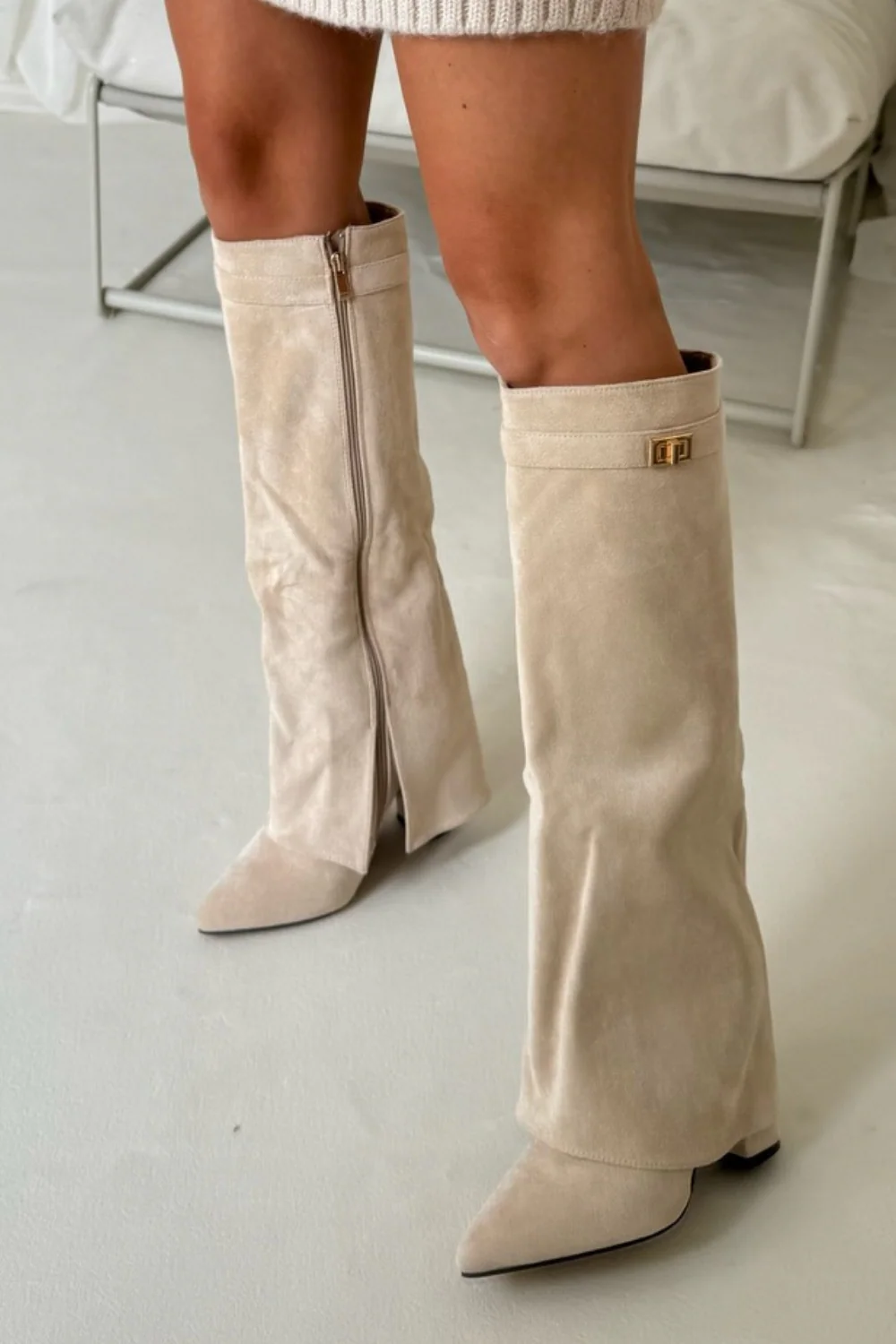 Harley cream suede knee high fold over heel boots - Image 2