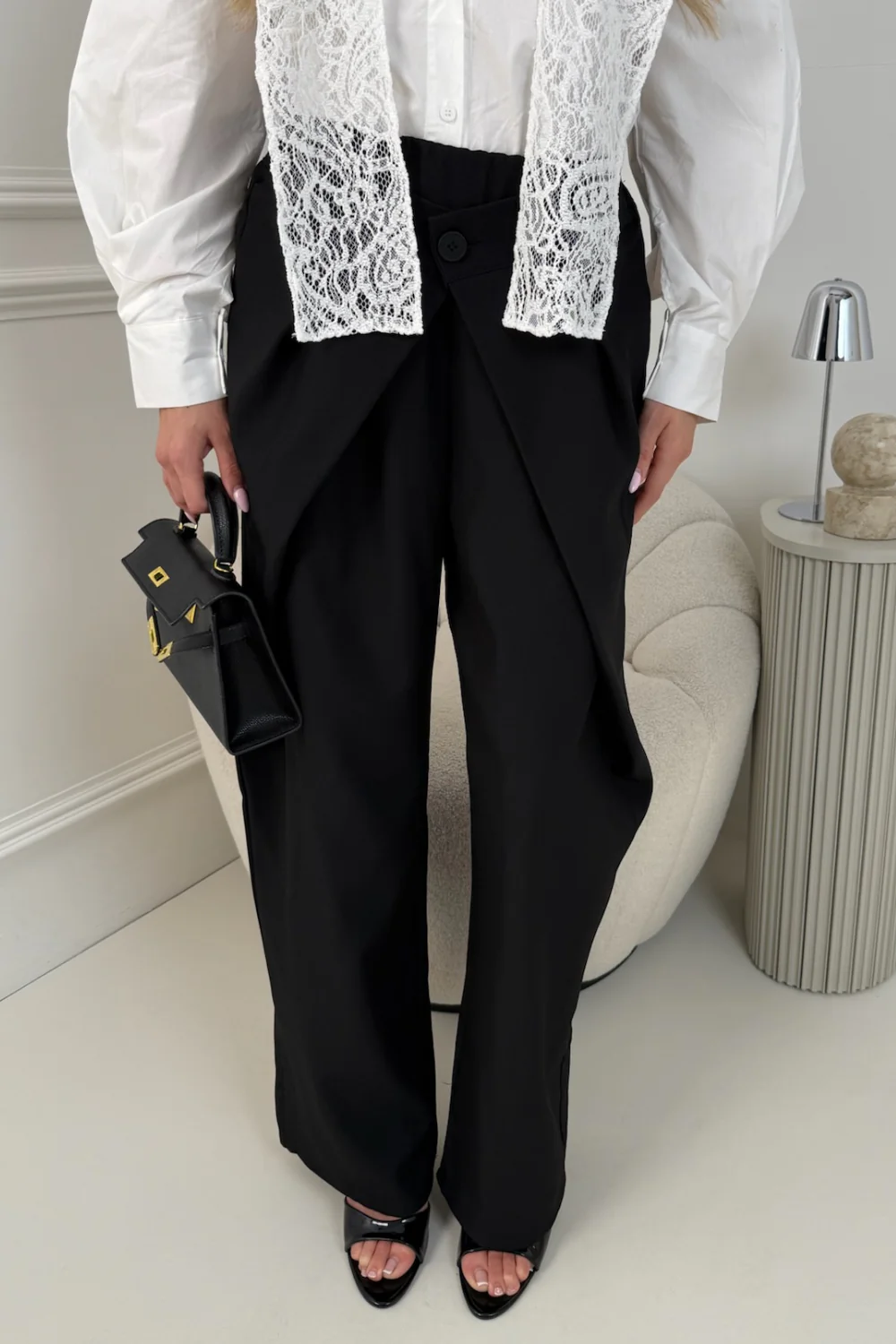 HARPER BLACK ELASTICATED WAIST STRAIGHT LEG TROUSERS