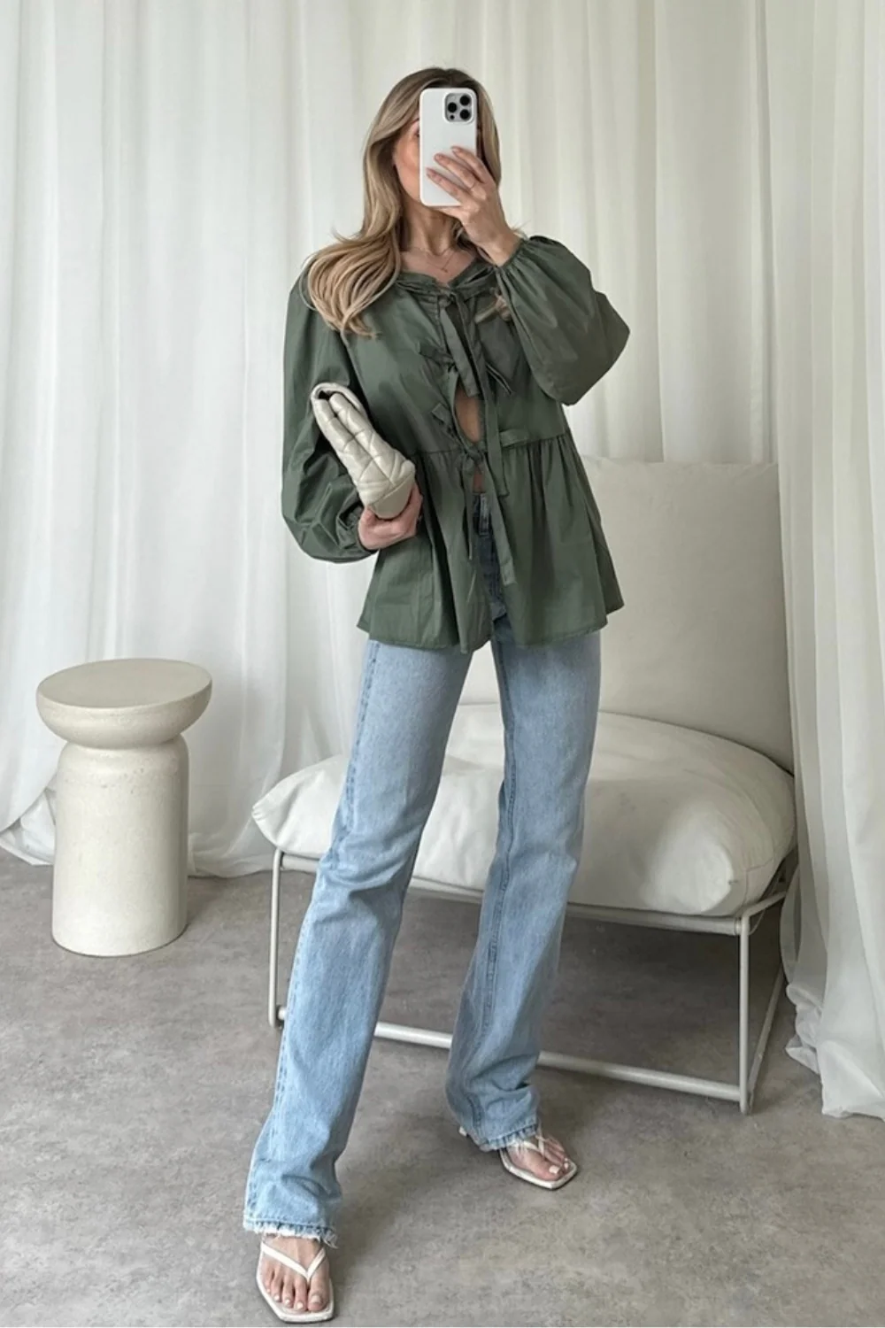 Hazel khaki tie front blouse - Image 2
