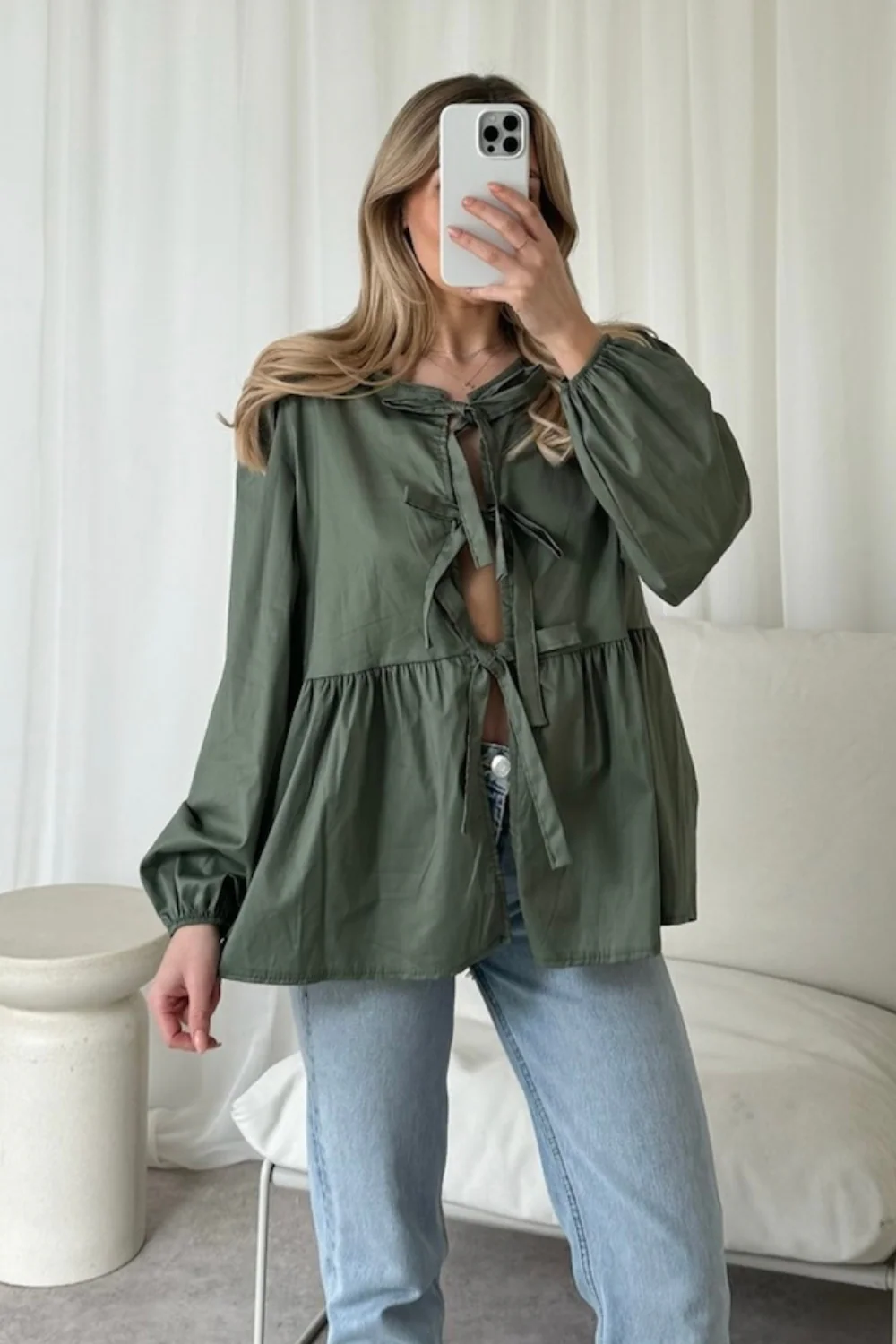 Hazel khaki tie front blouse - Image 3