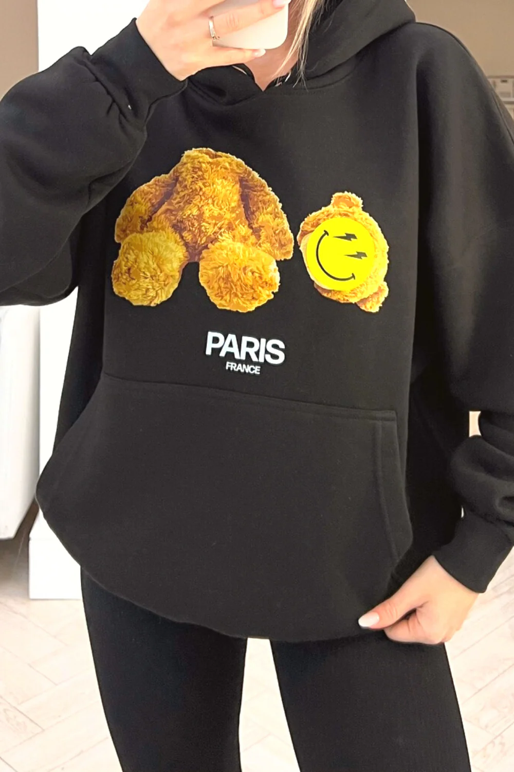 heads off smiley teddy black printed drawstring hoodie - Image 3