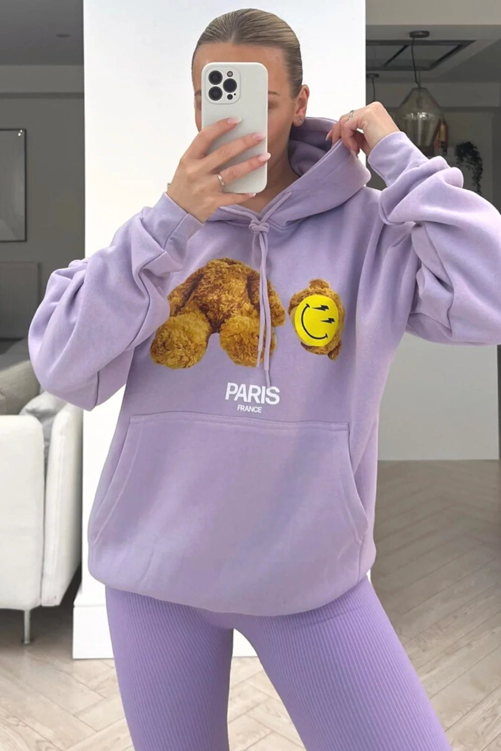 heads off smiley teddy lilac printed drawstring hoodie