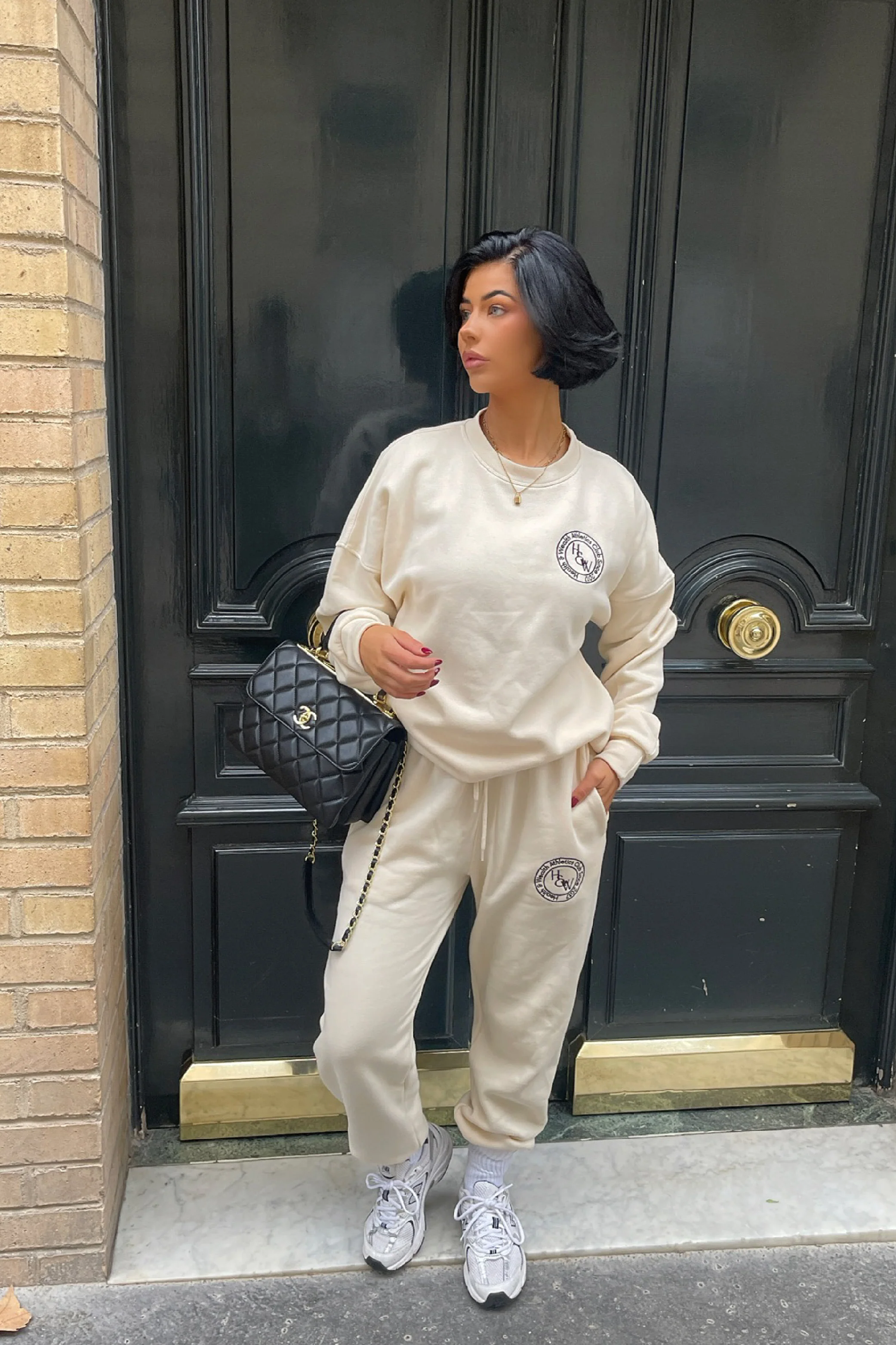 Health & Wealth Badge embroidered Ecru sweater loungewear set - Image 2