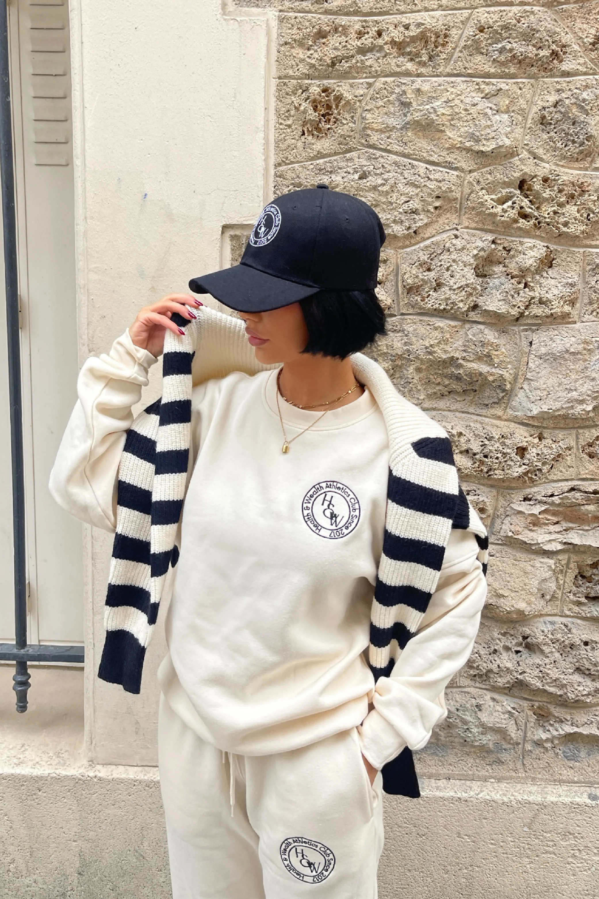 Health & Wealth Badge embroidered Ecru sweater loungewear set - Image 3