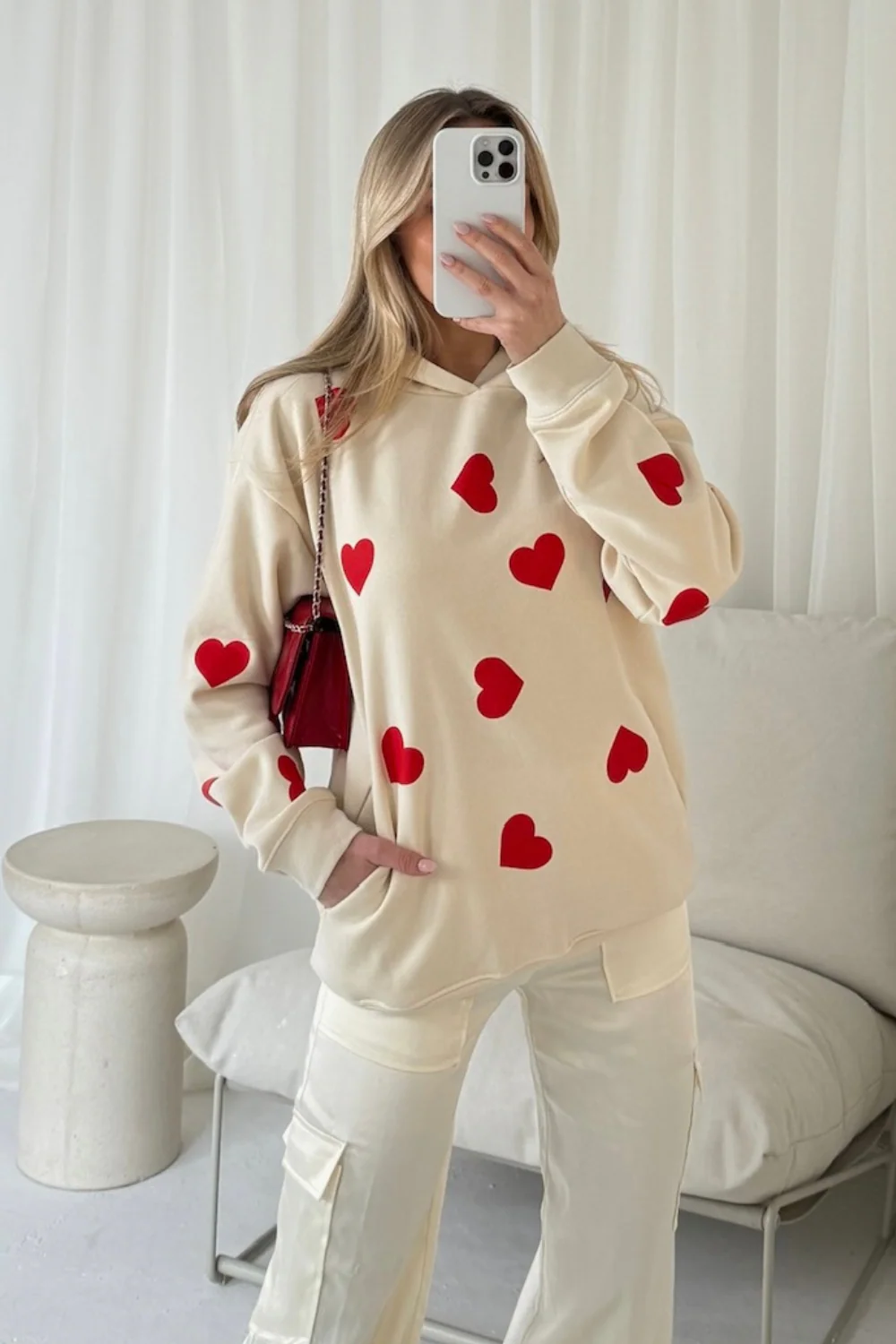 Heart ecru printed relaxed hoodie - Image 2