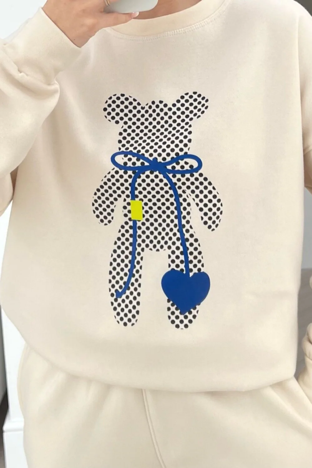Heart teddy ecru & black printed sweater loungewear set - Image 2