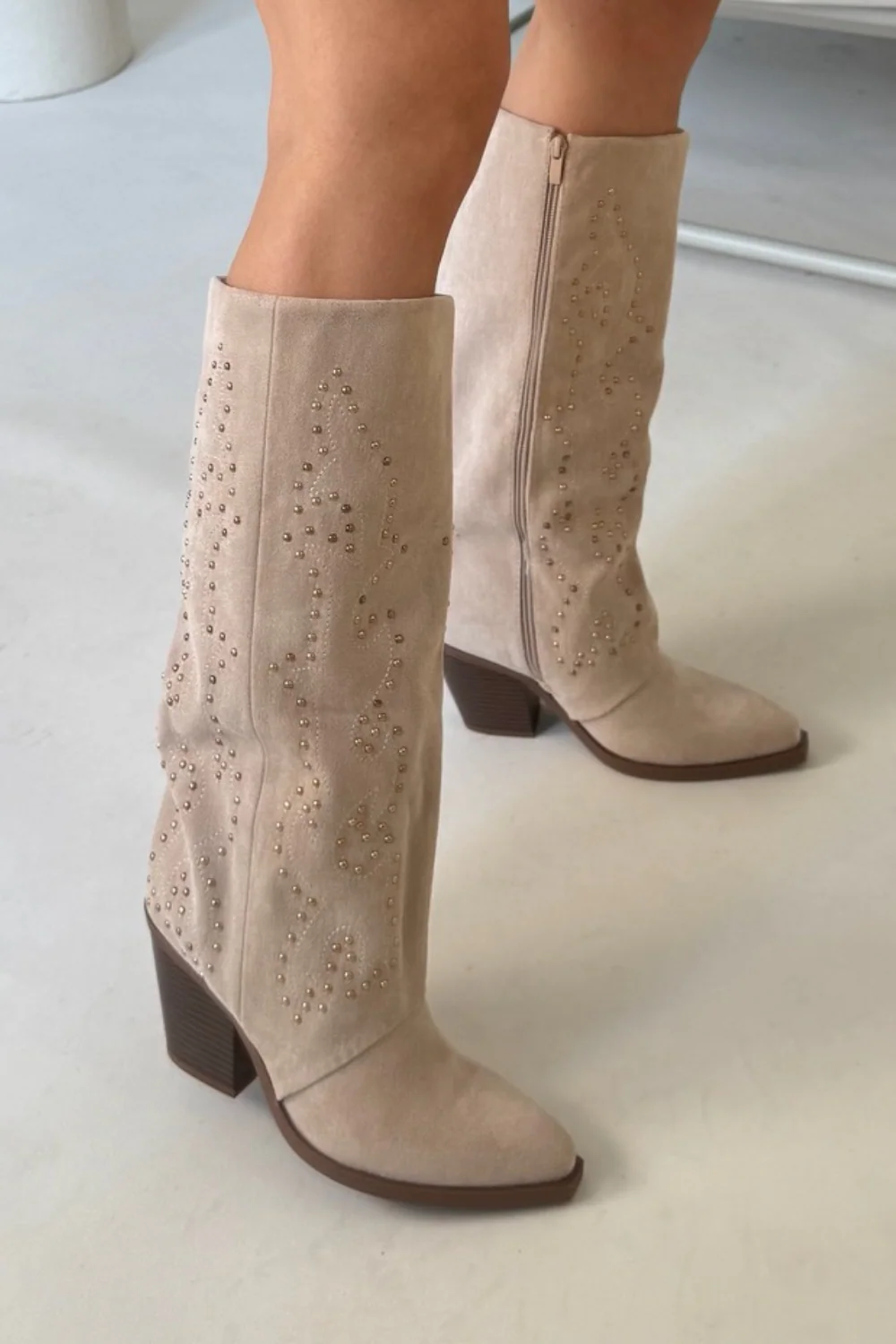 Heidi beige studded cowboy boots - Image 2