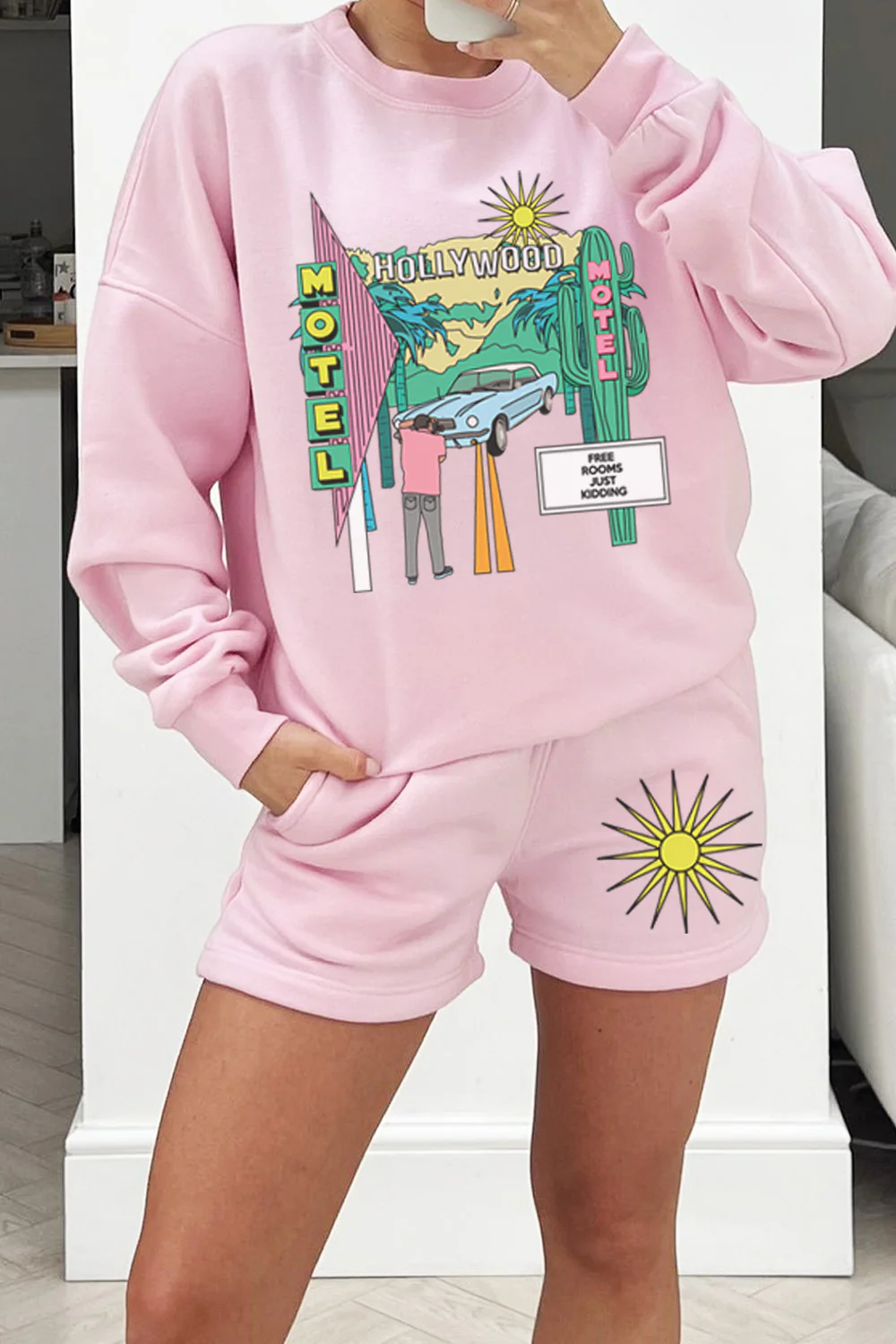 Hollywood Baby Pink Printed sweater short loungewear set - Image 2