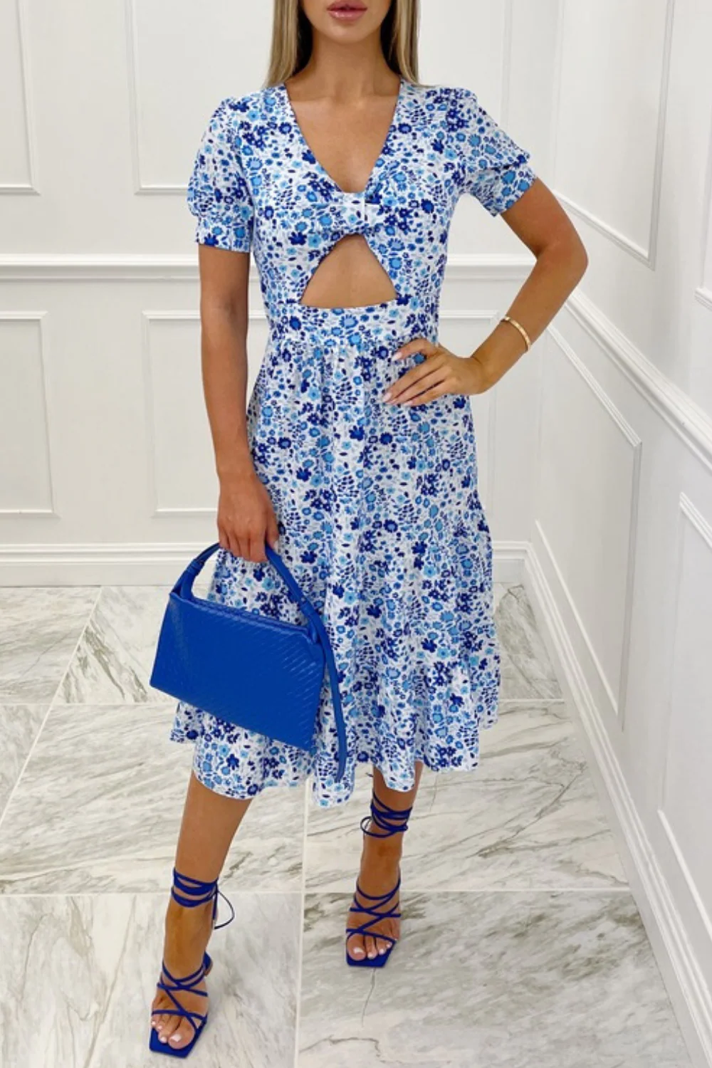 Honey blue floral cut out tiered maxi dress - Image 3