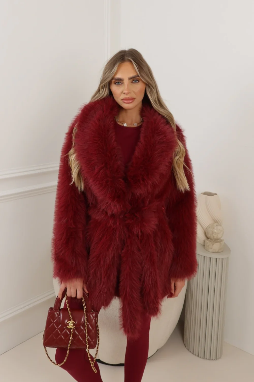 HONEY BURGUNDY FUR ROBE COAT - Image 2