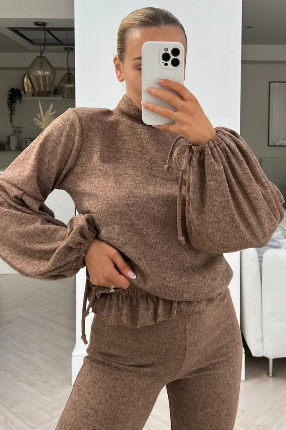 Honey camel high neck tie sleeve flared trouser loungewear set - Image 2