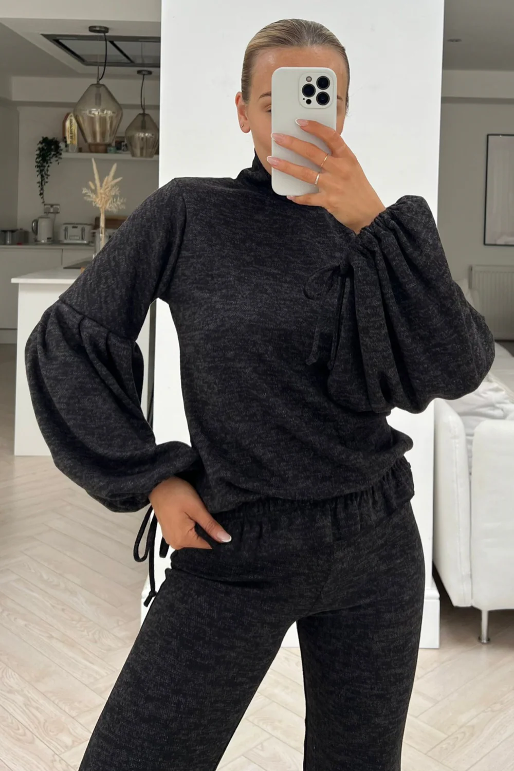 Honey charcoal high neck tie sleeve flared trouser loungewear set - Image 2