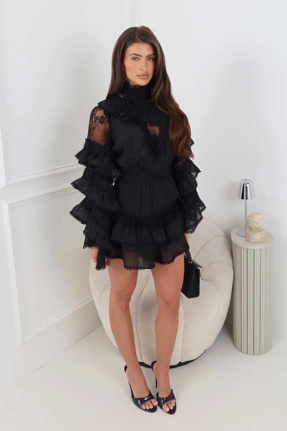 HOPE BLACK LACE FRILL TOP & SHORTS SET - Image 2