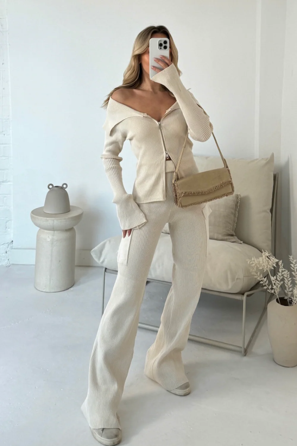 Hope cream rib knit zip up co-rd - Image 2