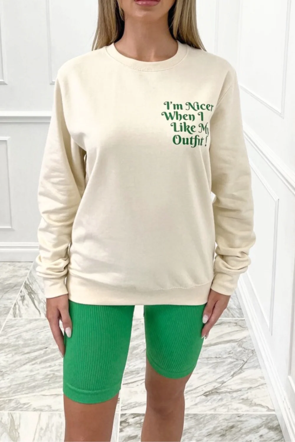 i like my outfit green printed cream sweater - Image 2